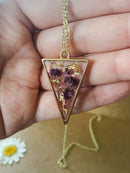 Gold Speckled Purple Baby's Breath Necklace | Resin Pendant Jewelry | Gold Flakes | Triangle Necklace | Real Wildflower Necklace