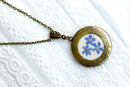 Photo Locket with real flower, forget me not necklace, unique gifts, antique Locket, nature Jewelry, girlfriend gifts, mother, Valentine