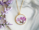 Handmade Pressed Pink Flower Resin Round Pendant Necklace| Real Flower Necklace Mother's Day Gift