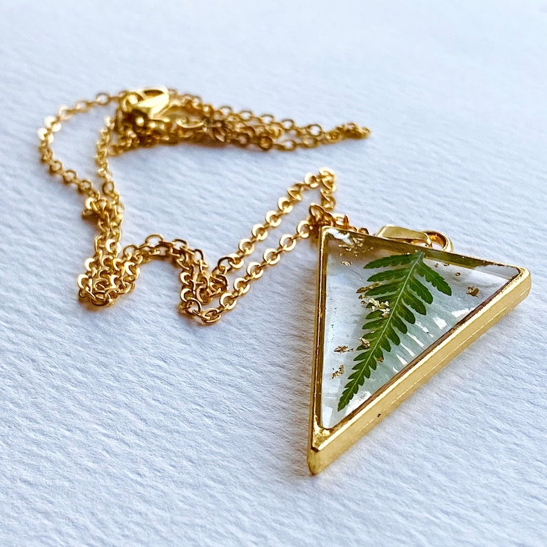 Fern Pendant Necklace, Dainty Gold Necklace, Handmade Necklace Pendant, Pressed Fern Pendant, 18K Gold Chain, Christmas Gift