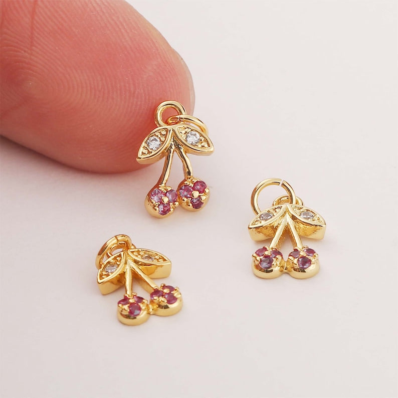 6pcs Real Gold Plated CZ Pave Cherry Charm, Tiny Mini Cherry, Zircon Cherry Pendant, fruit Charm, Food, Pave Charm, Gold Plated Over Brass