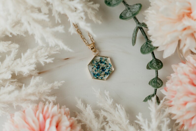 Blue Pressed Flower Necklace | Dainty Dry Flower Necklace | White Real Flower Necklace