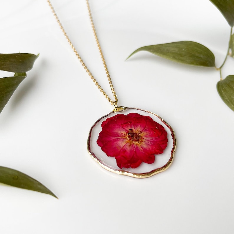 Rose flower necklace, Resin necklace with dried flower, Red rose necklace, Stainless steel gold necklace