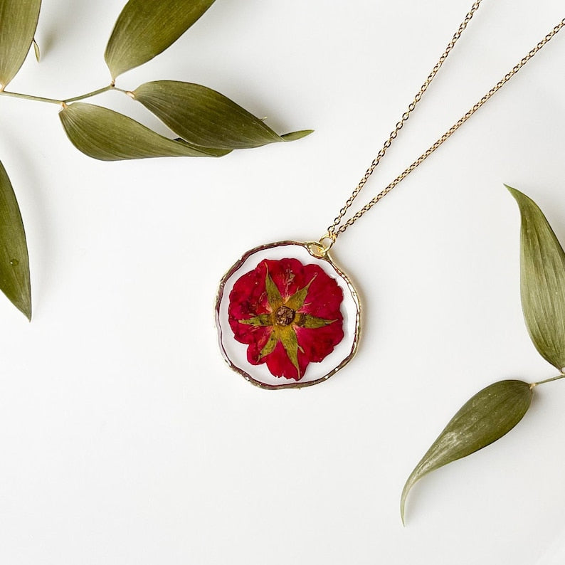 Rose flower necklace, Resin necklace with dried flower, Red rose necklace, Stainless steel gold necklace