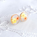 Handmade Round Circle Stud Earrings with Real Pressed Flowers, Yellow, Orange Flowers, Botanical Earrings, Unique, Gifts for her