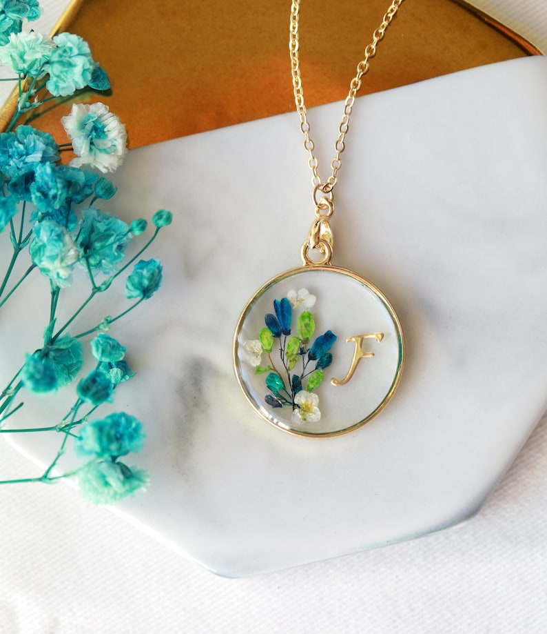 Personalized Girls Women Real Flower Resin Pendant Necklace| Initial Jewelry| Pressed Flower Necklace| Handmade Jewelry Mother's Day Gift