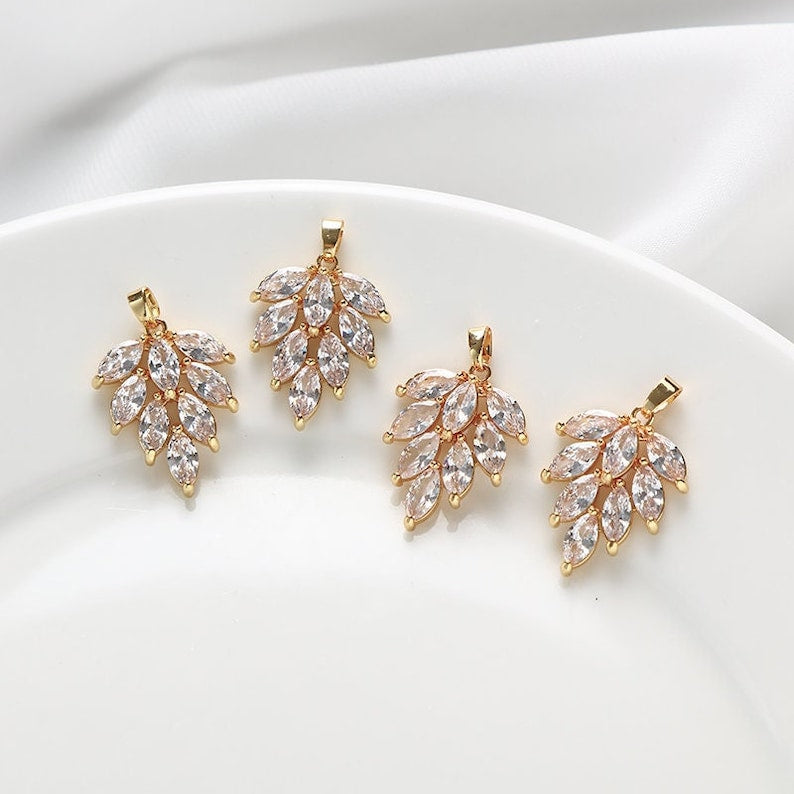 10pcs cz pave Leaves charm, bracelet necklace pendant, brass gold plated, pave charm, Material Craft Supplies