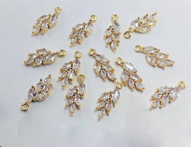 10pcs 7X17mm small leaves cz pave Leaves charm, brass gold plated bracelet necklace pendant, pave charm