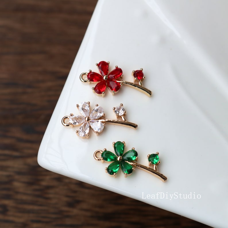 10pcs Five petal flower pendant, Gold Plated flowe Charm, Zircon Charm, 11X23mm CZ Pave Pendant Charm, Quality Jewelry Suppl