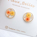 Handmade Round Circle Stud Earrings with Real Pressed Flowers, Yellow, Orange Flowers, Botanical Earrings, Unique, Gifts for her