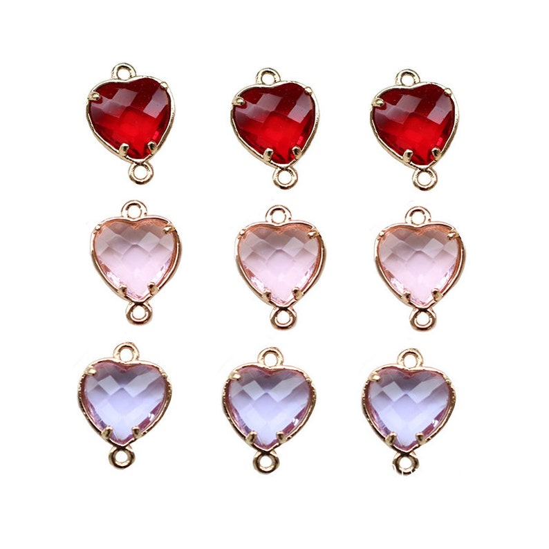 10pcs Heart shape Crystal Glass Pendant Charm, Pink, purple, red Faceted Lucite beads, Round Channel Charm, Bezel Gemstone