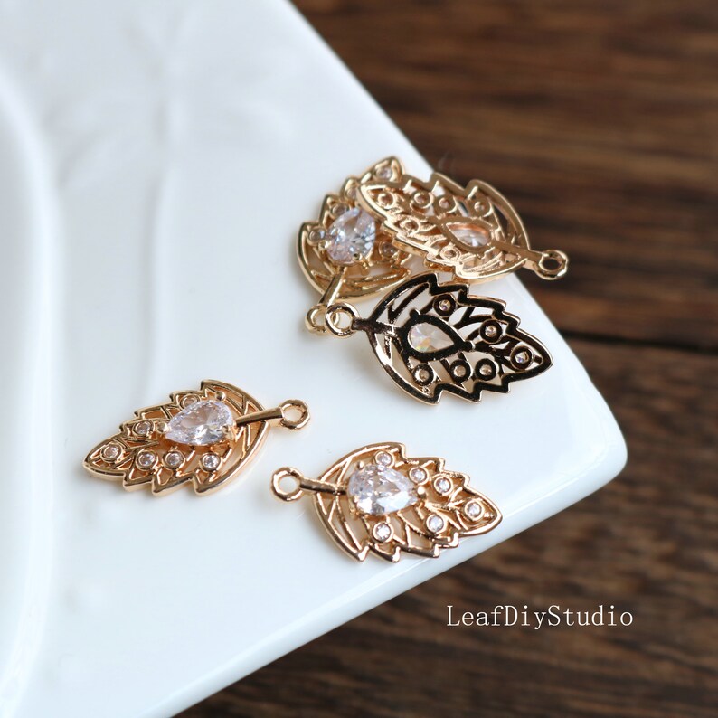 10pcs 13x23mm leaves cz pave Leaves charm, brass gold plated bracelet necklace pendant, pave charm