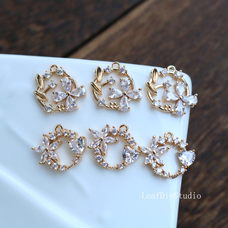 10pcs cz pave flower charm, bracelet necklace pendant,pave charm, gold plated over brass, crystal pendant