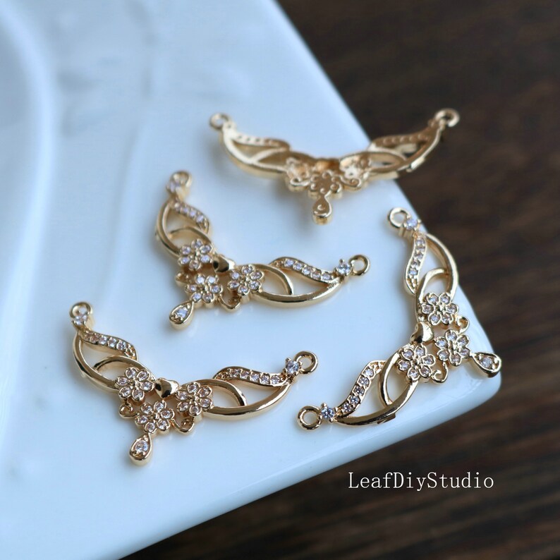 10pcs cz pave antlers charm pendant, pave semicircle connector, gold plated over brass, cz pave link