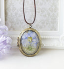 Pressed Flower Locket Necklace Photo Locket Pendant Necklace| Blue Purple Larkspur Flower Resin Necklace Long Sweater Necklace