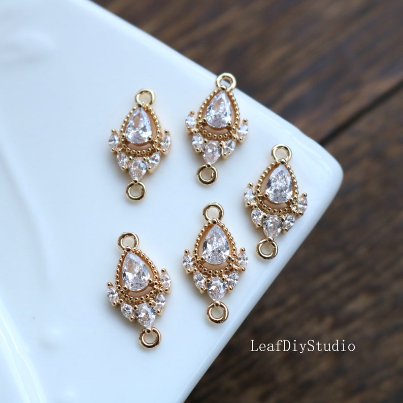 10pcs Teardrop cz pave connection charm, 10x18mm earrings pendant pave charm, gold plated over brass, CZ Pave Double hanging drop pendant