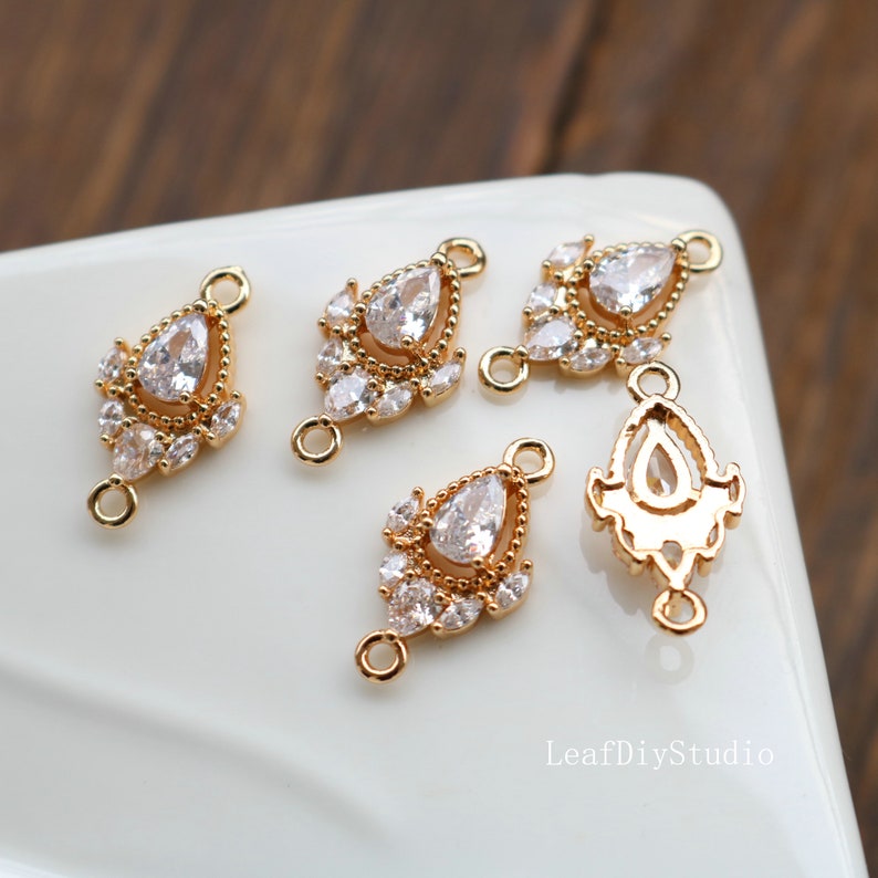 10pcs Teardrop cz pave connection charm, 10x18mm earrings pendant pave charm, gold plated over brass, CZ Pave Double hanging drop pendant