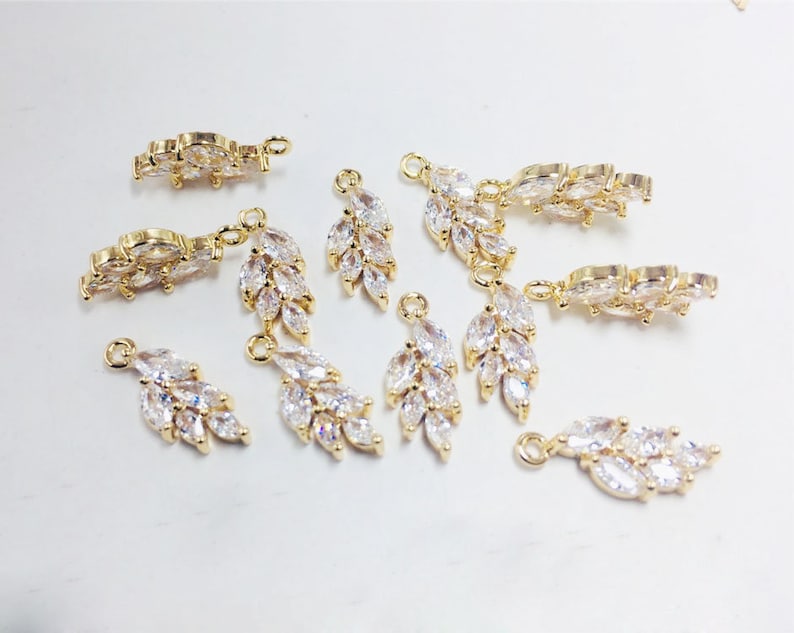 10pcs 7X17mm small leaves cz pave Leaves charm, brass gold plated bracelet necklace pendant, pave charm