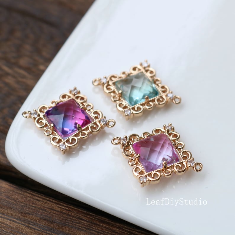 10pcs Blue, purple Glass Pendant Charm, 23mm Faceted Lucite beads, Square Channel Charm, Bezel Gemstone Connector, wholesale prices