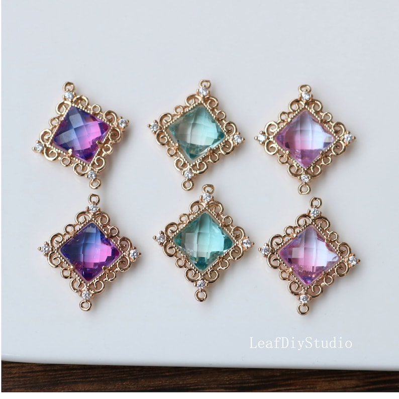 10pcs Blue, purple Glass Pendant Charm, 23mm Faceted Lucite beads, Square Channel Charm, Bezel Gemstone Connector, wholesale prices