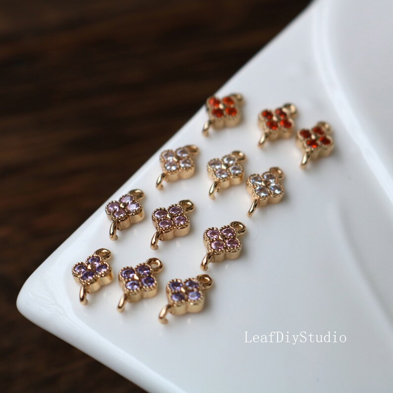 20pcs 6mm zircon Four-leaf clover shape cz pave charm pendant, flower pave charm, gold plated over brass, crystal CZ Pave Connector