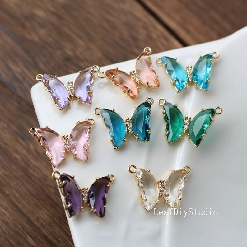 10pcs Butterfly Clear Faceted Set Stones, 12 colors Butterfly rystal Faceted Glass Connectors, CZ Pave Craft Supplies, DIY Finding