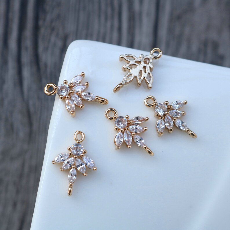 10pcs flower CZ Pave Charm, Zircon leaf Connector, Clear Gemstone Charm, Jewelry Making, Material Craft Supplies