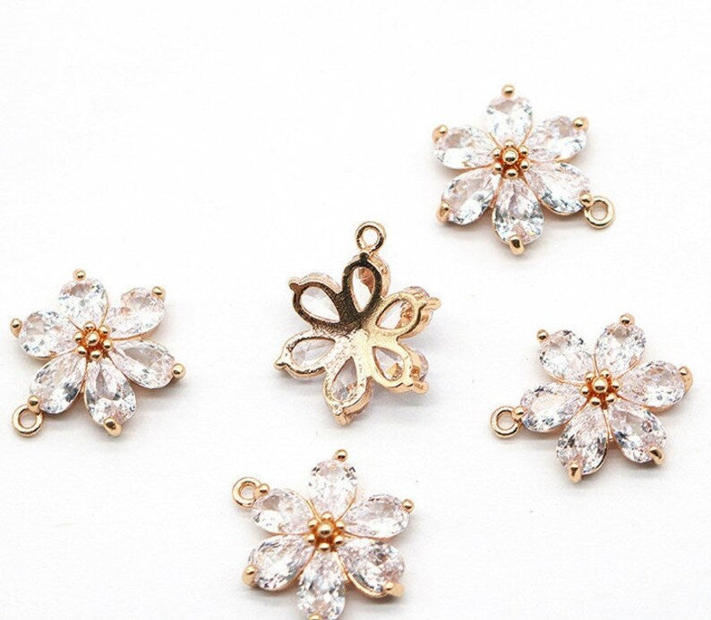 10pcs flower CZ Pave Charm, Zircon flower leaf Connector, Zircon flower 13.5mm Jewelry Making, Material Craft Supplies