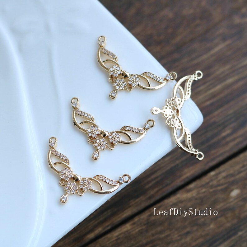 10pcs cz pave antlers charm pendant, pave semicircle connector, gold plated over brass, cz pave link