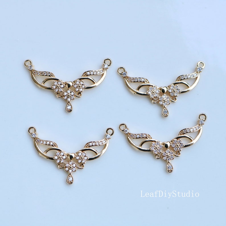 10pcs cz pave antlers charm pendant, pave semicircle connector, gold plated over brass, cz pave link