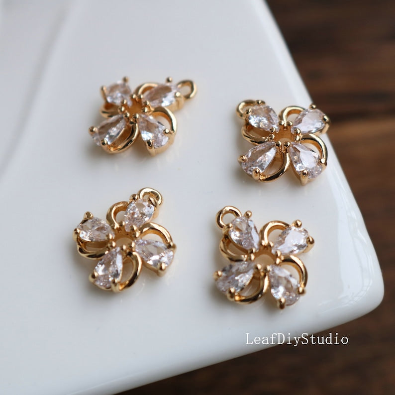 10pcs Four petal flower zircon Charm pendant, 12mm Zircon Charm, CZ Pave Pendant Charm, earrings bracelet necklace Jewelry Making