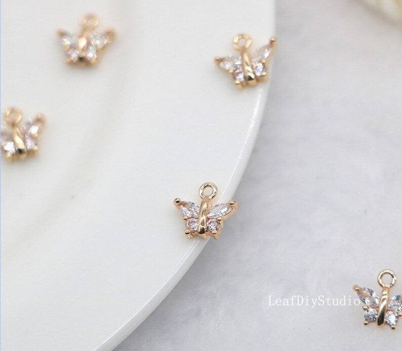 10pcs cz pave Butterfly garland charm, 14mm Butterfly pendant, pave flower charm, gold plated over brass