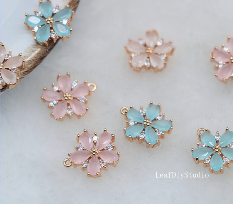 10pcs CZ Pave Five petal flower Charm, 11.5mm Zircon Pink, blue, white flowers Pendant , Jewelry Making, Zircon Material Craft Supplies