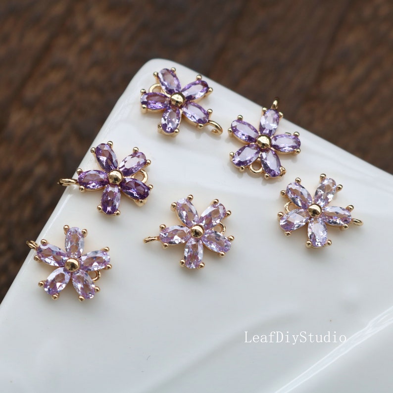 10pcs Purple Five petal flower CZ Pave Charm, 12.5mm flower zircon Charm Pendant, crystal Pave Charm, flower Jewelry Making Supplies