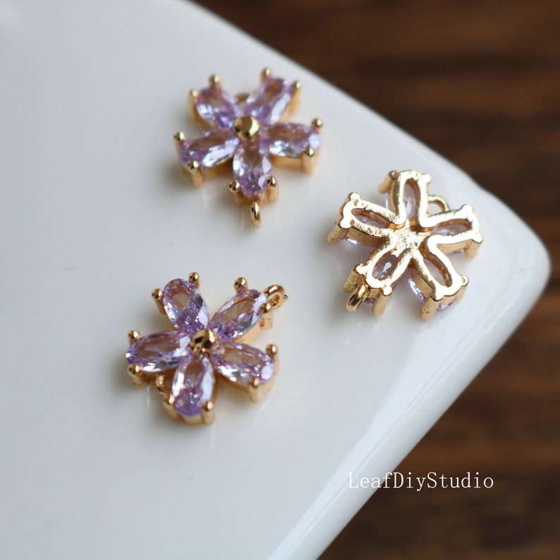 10pcs Purple Five petal flower CZ Pave Charm, 12.5mm flower zircon Charm Pendant, crystal Pave Charm, flower Jewelry Making Supplies