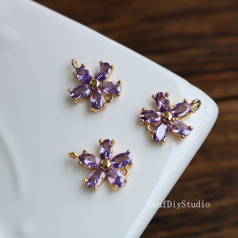 10pcs Purple Five petal flower CZ Pave Charm, 12.5mm flower zircon Charm Pendant, crystal Pave Charm, flower Jewelry Making Supplies