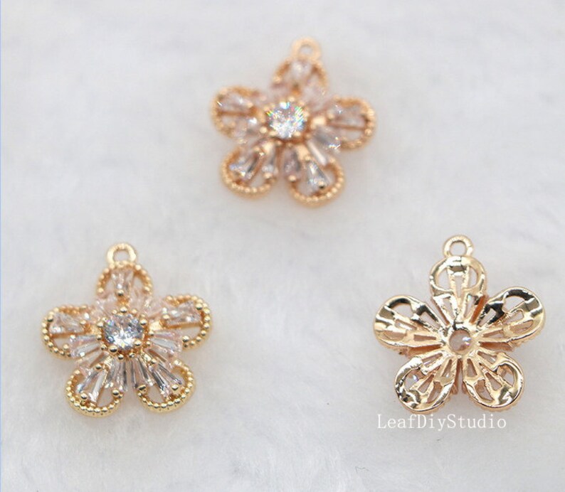 10pcs Five petal flower CZ Pave Pendant Charm, 14.5mm Zircon flower Pendant, flower Jewelry Making, Material Craft Supplies