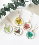 Pressed Flower Resin Round Pendant Necklace | Real Flower Resin Necklace| Handmade Botanical Jewelry