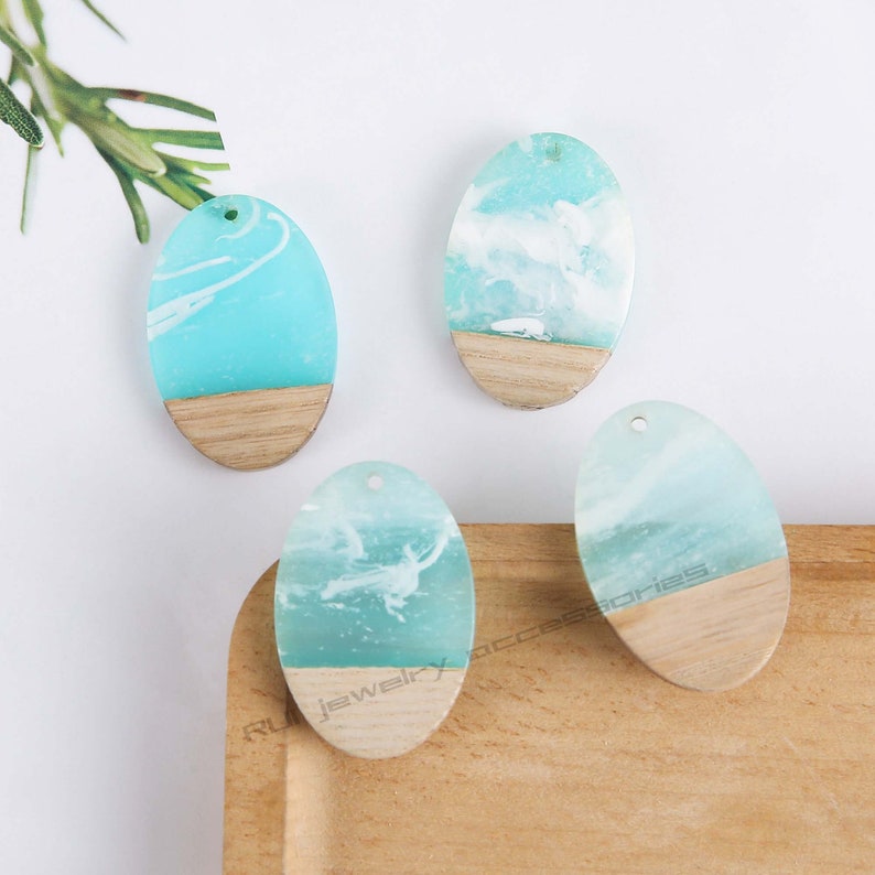 4pcs Epoxy Resin Pendants, Semi Translucent White Resin Findings, Wood and Resin Pendant, Color Blocked, Oval Charm