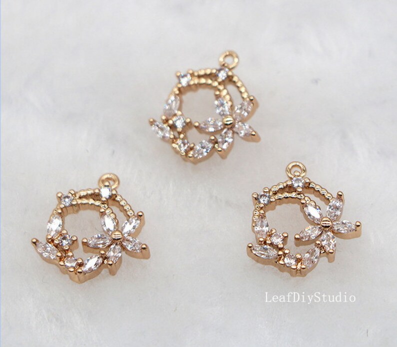 10pcs cz pave Small wreath charm, 11.8x13.1mm Flower pendant, pave Flower charm, gold plated over brass