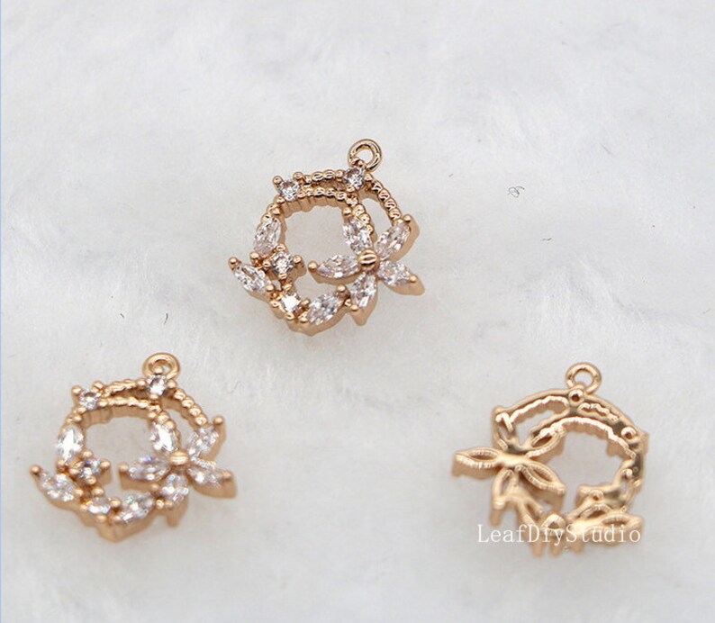 10pcs cz pave Small wreath charm, 11.8x13.1mm Flower pendant, pave Flower charm, gold plated over brass