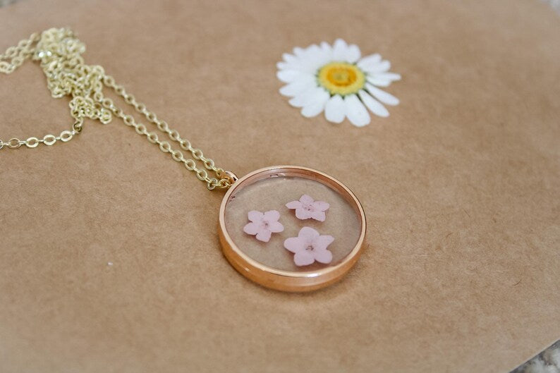 Pink Forget-Me-Not Pressed Wildflower Necklace | Resin Necklace | Dried Wildflowers | Handmade | Pendant | Real Flower