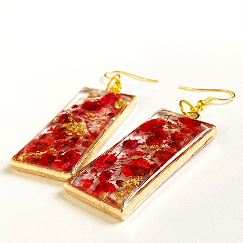 Red Pressed Flower Dangle Earrings, Flower Earrings, Gold Earrings, Real Flower Jewelry, Bohemian Flower Earring, Summer Earrings