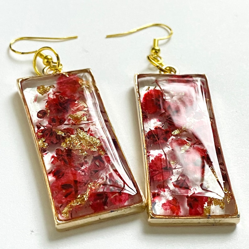 Red Pressed Flower Dangle Earrings, Flower Earrings, Gold Earrings, Real Flower Jewelry, Bohemian Flower Earring, Summer Earrings