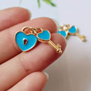 6pcs High Quality Real Gold Plated Lock and Key Charm, Enamel Heart Key Pendant, Nickel free