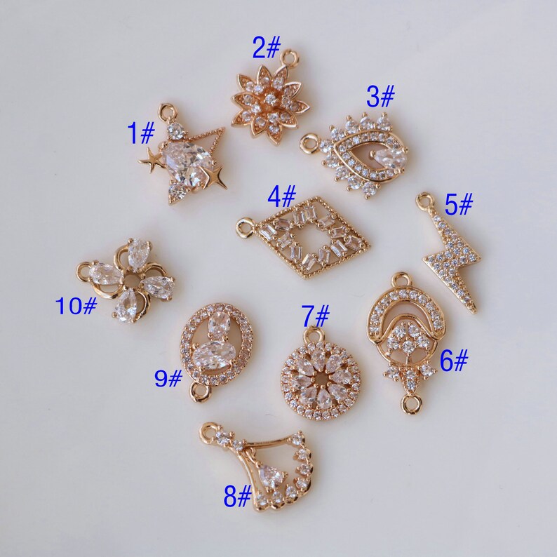 10pcs Zirconia pendant Charm, cz pave Multiple styles, zircon flower, five-pointed star, teardrop, round Pendant DIY Jewelry Supply