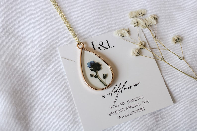 Forget-Me-Not Teardrop Pendant Wildflower Necklace | Resin Necklace | Dried Wildflowers | Mother's Day Gift | Real Flower Jewelry