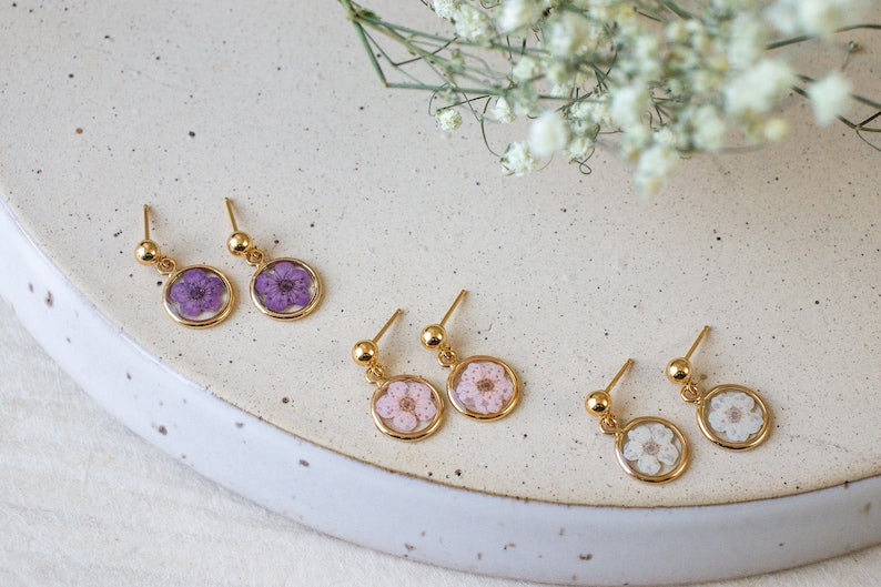 Pressed Flower Earrings | Real Flower Earrings | Gold Dangle Earrings | Bridesmaids Earrings