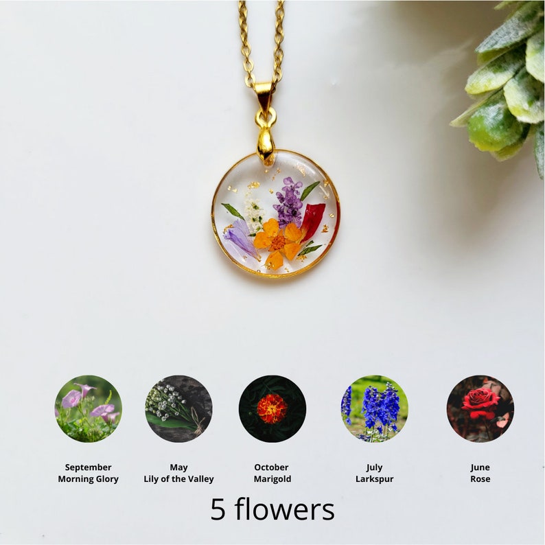 EXTRA FLOWER - Personalized birth flower bouquet necklace, Handmade Family Garden Real Flower Necklace