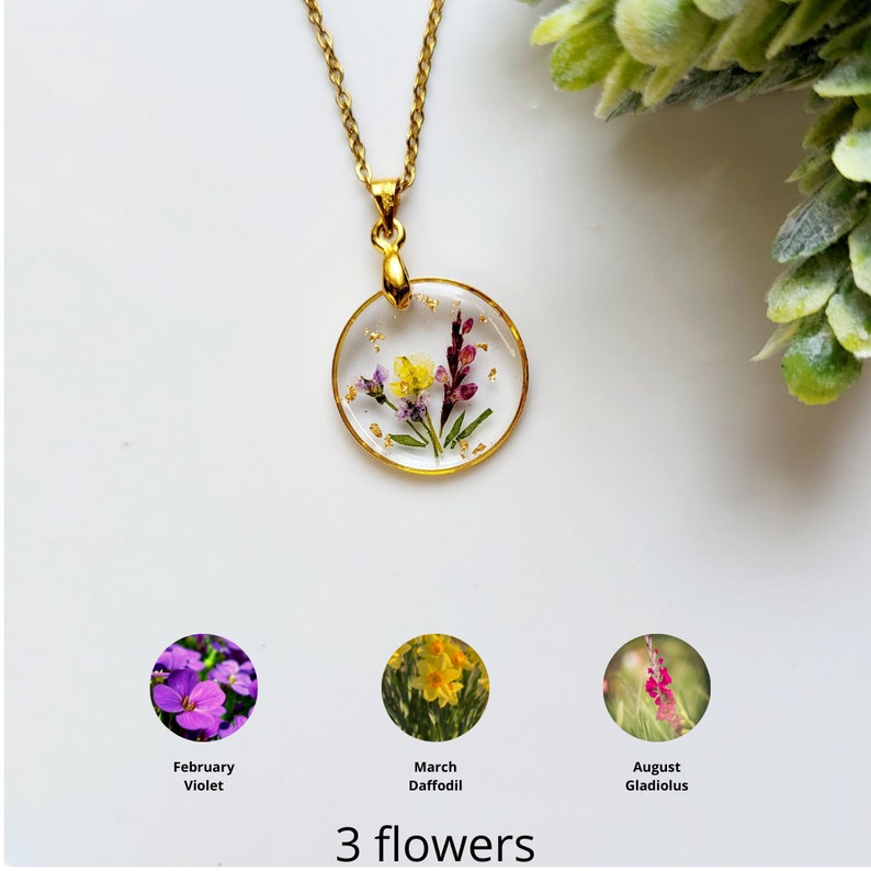 EXTRA FLOWER - Personalized birth flower bouquet necklace, Handmade Family Garden Real Flower Necklace